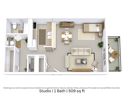 Floor plan for studio, 1 bath, 509 sqft